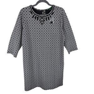 C Wonder NWOT Black White Textured Diamond Beaded 3/4 Sleeve Sheath Dress Size M
